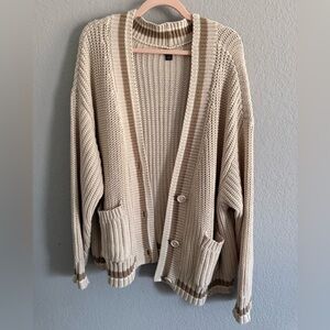 American Eagle Cream Knit Cardigan with Tan Stripe Trim | Size XXL